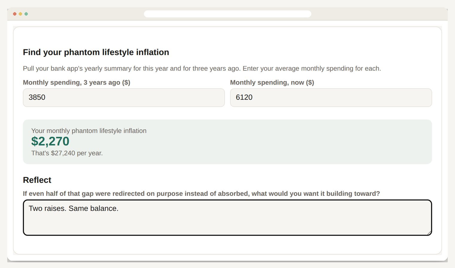 The diagnostic worksheet, filled in, showing a calculated monthly figure.